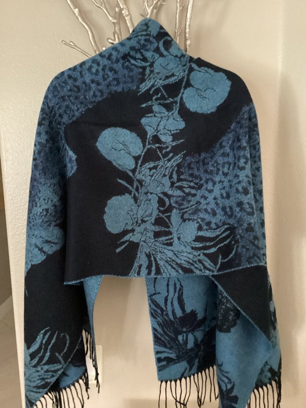 Blue and black flowered reversible scarf, wrap, fringed shawl - 70"x28"